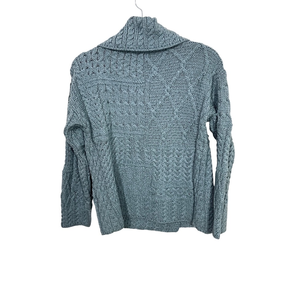 Carraig Donn Aran Cardigan Women S Blue 100% Merino Wool Asymmetric Button Wrap - Picture 3 of 5